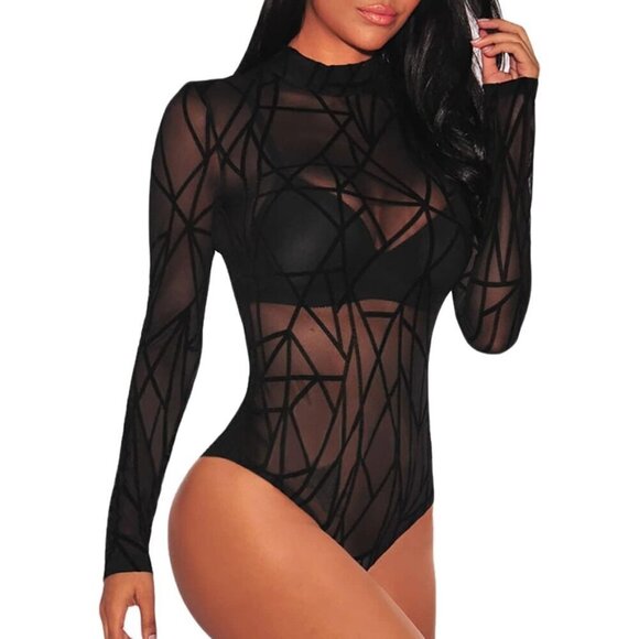 Women's Long Sleeves Sheer Black Mesh Leotard Jumpsuit Body Tops - Picture 1 of 4